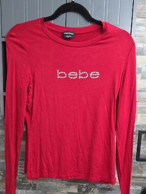 bebe Red Long Sleeve Logo Tee with Rhinestone Accents